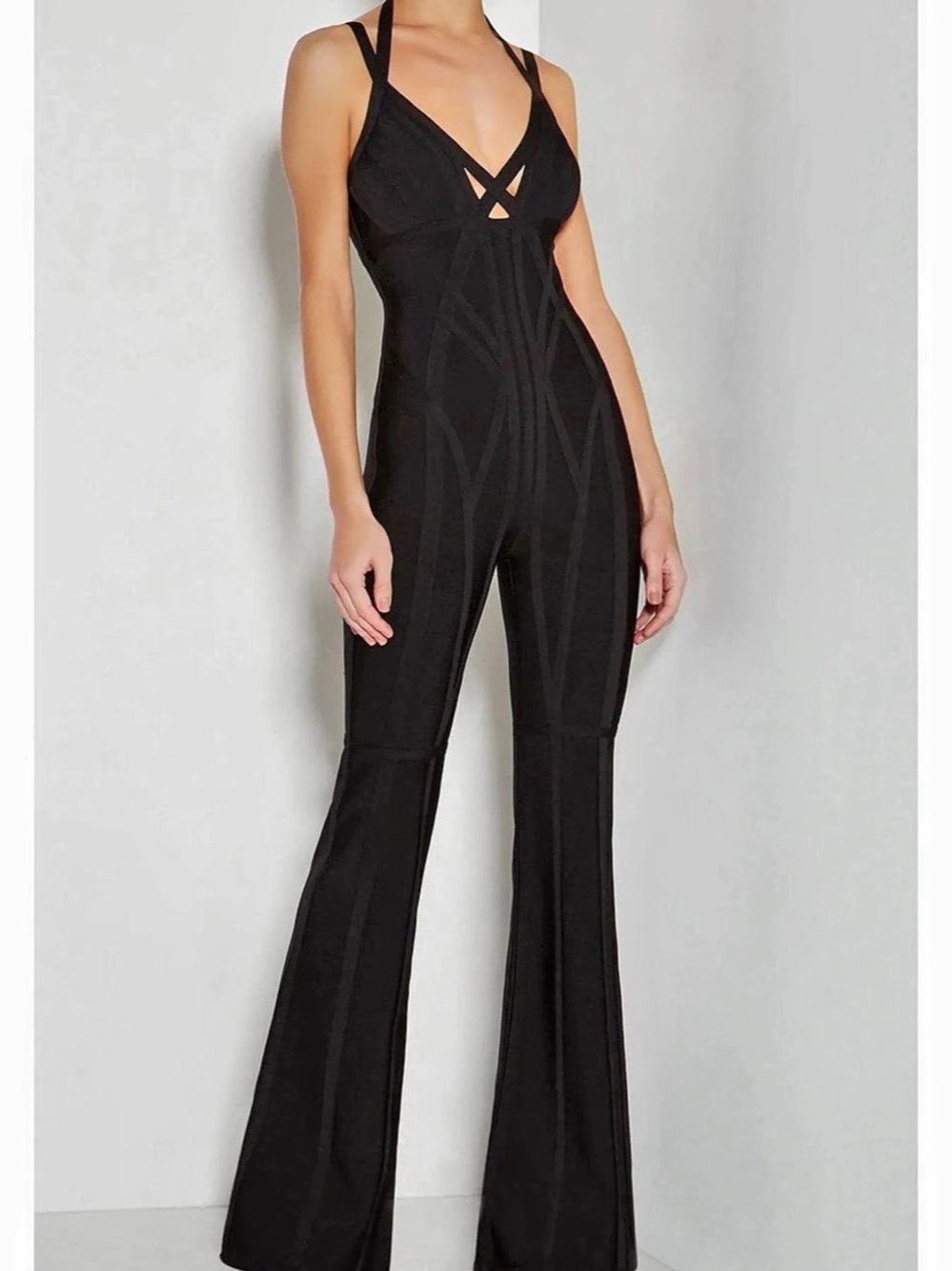 Herve Leger Strappy Flare Jumpsuit in Blue Size Small NAVY